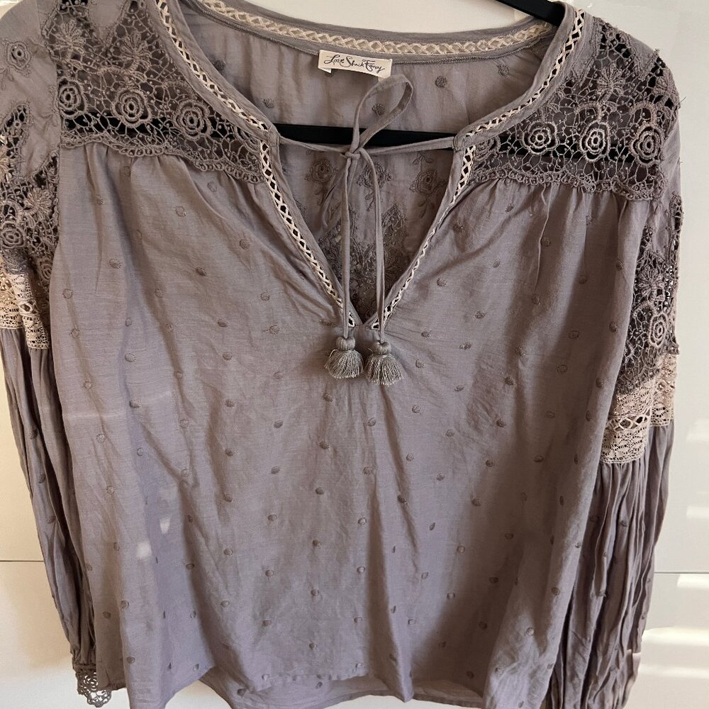 LoveShackFancy Grey Lace Trimmed Boho Blouse